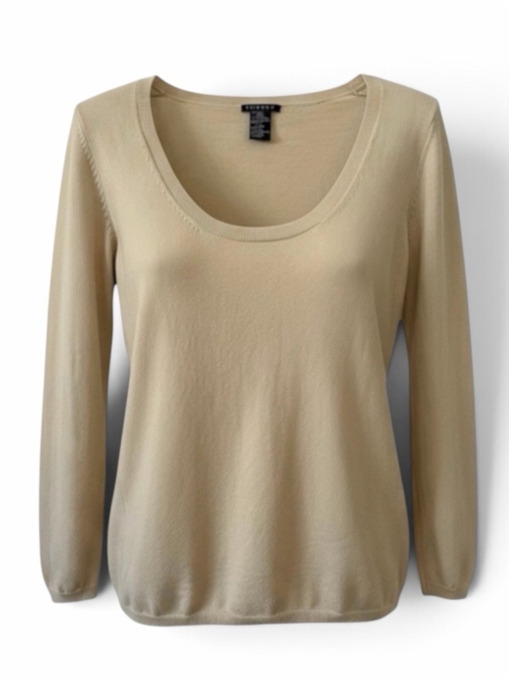 Theory Light Tan Scoop Neck 3/4 Sleeve Wool Blend Knit Sweater Size Medium
